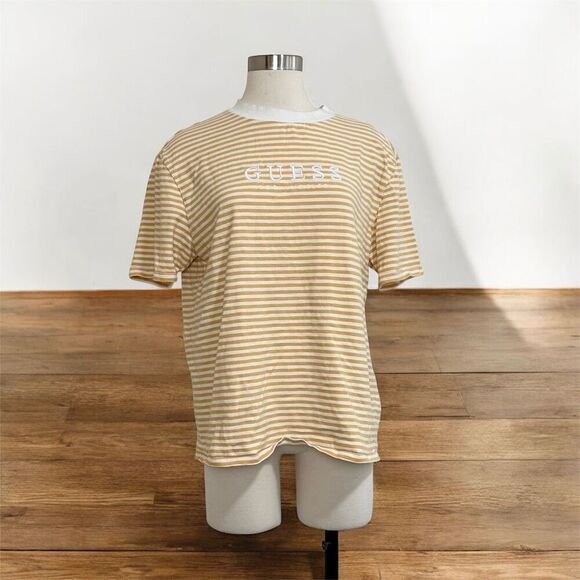 Vintage 1990s Guess Stripe Yellow Mustard White Stripe Mock Tee Shirt Small - Picture 1 of 6